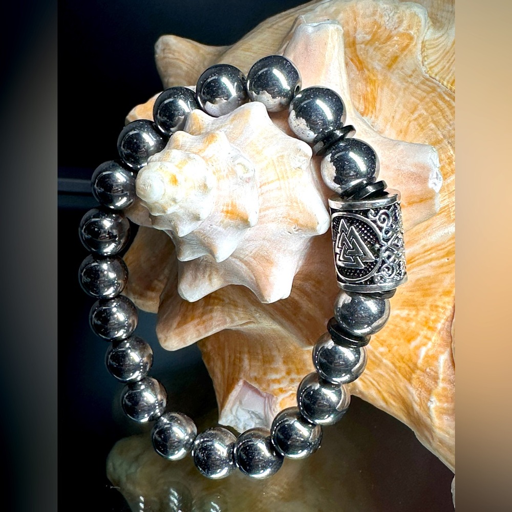 VALKNUT + SILVER HEMATITE NATURAL STONES BRACELET size 7”